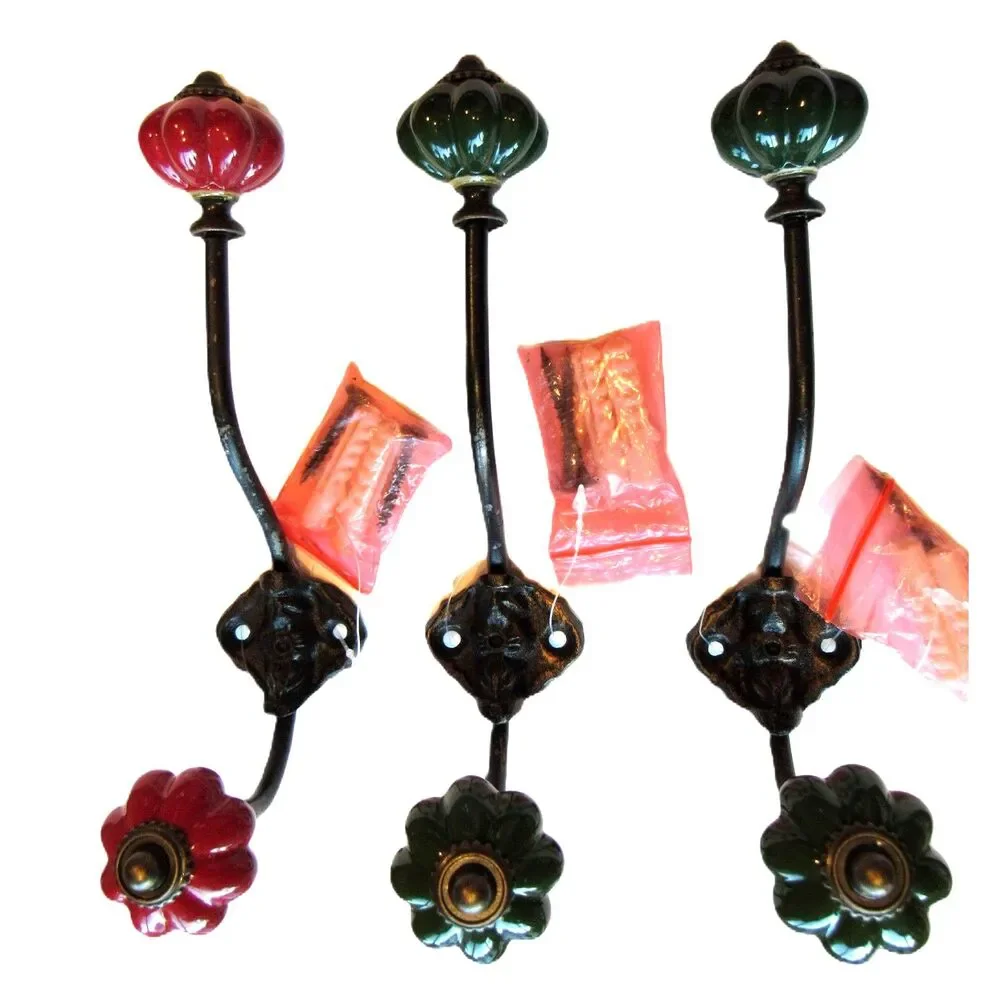 Metal hangers 3 wall hooks beautiful design green red melon ceramic knob 6-3/4in